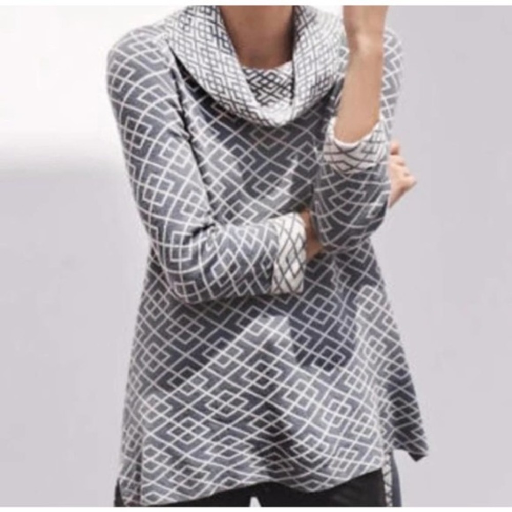 Anthropologie Moth Gray and White Geometric Cowl Neck Sweater